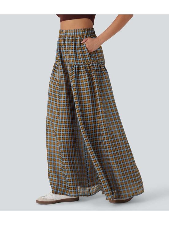 Halara Pants - Halara High Waisted Pocket Wide Leg Flowy Plaid Casual Pants Blue Brown Size L
